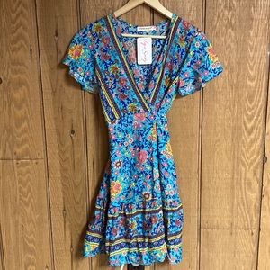 Multicolored Ruffled Wrap Sundress with Flutter Sleeves